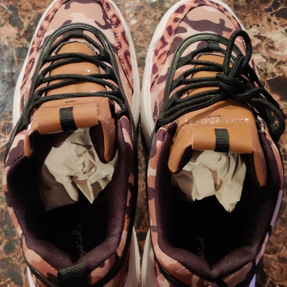 Qupid Shoes - Black, brown, tan camouflage print sneakers